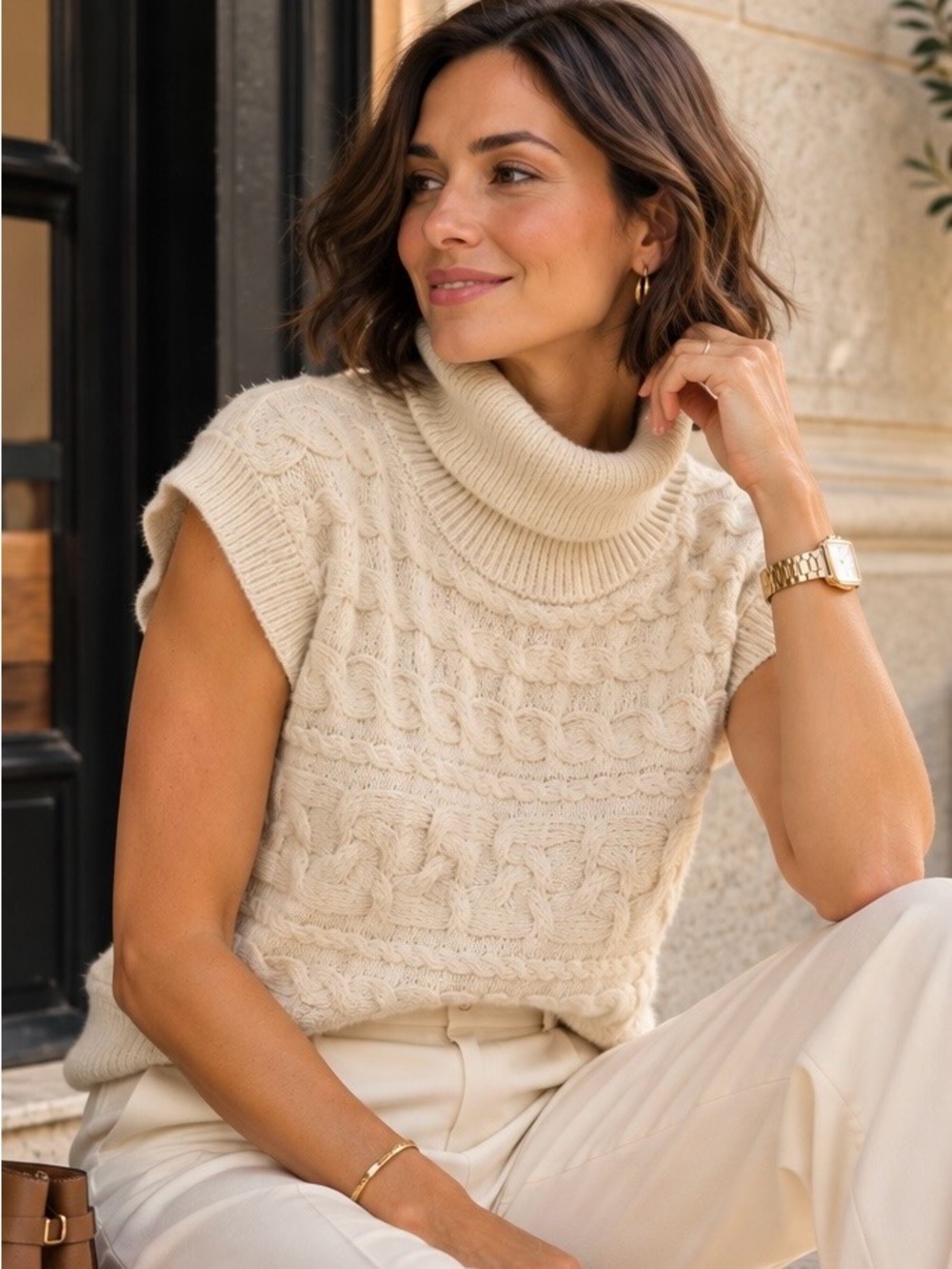 Old Navy Cable-Knit Sleeveless Turtleneck Sweater Vest in Cream